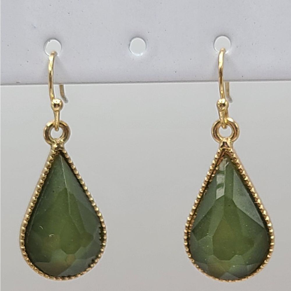 Green teardrop dangle earrings,  goldtone